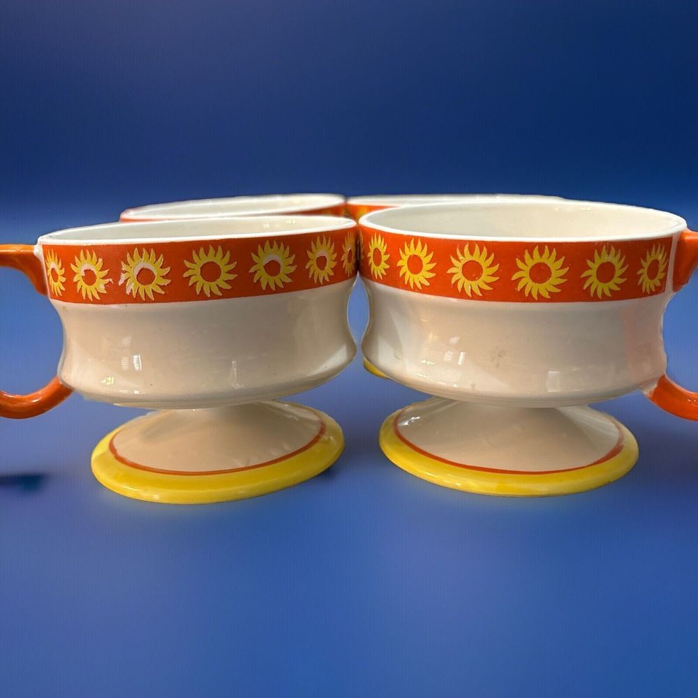 4 Footed Porcelain 60's/70's Mugs Orange Yellow Sun/Flowers, Japan Ironstone